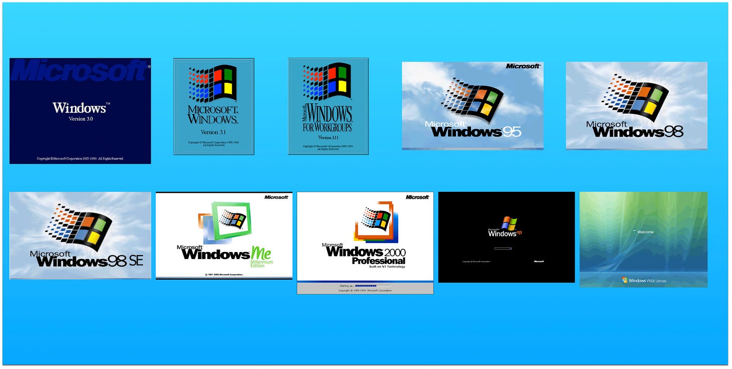 Series of Windows startup screens: Windows 3.0, Windows 3.1, Windows 3.11, Windows 95, Windows 98, Windows 98 SE, Windows Me, Windows 2000, Windows XP, Windows Vista