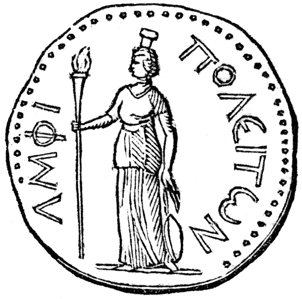 A black-and-white sketch of a roman coin.
