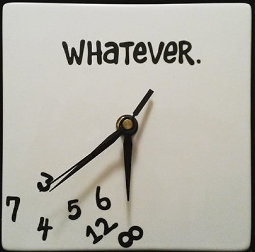 Sketch of a wall clock with the hours moved to the bottom-left corner and the word "whatever" written at the top.