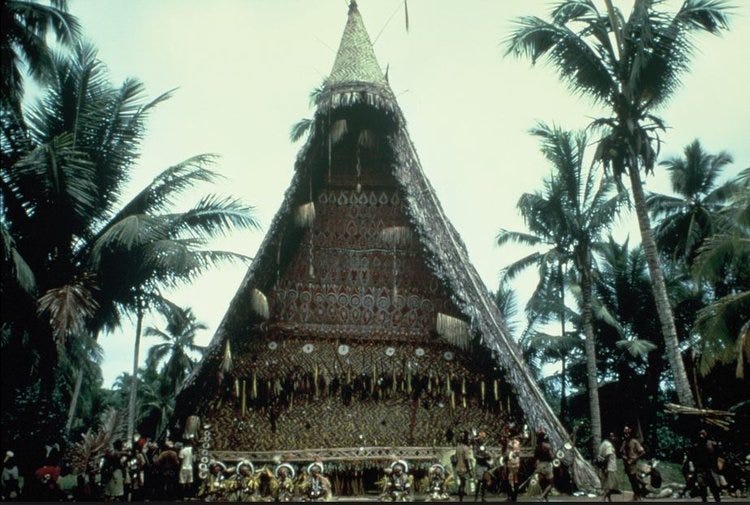 Nggwal Bunafunei spirit house (men’s house). From ‘The Cassowary’s Revenge’ (1997) by Donald Tuzin.