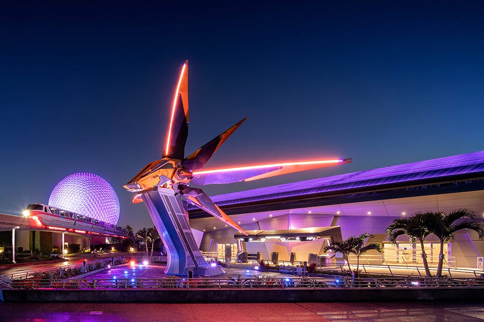 Epcot's Guardians of the Galaxy Cosmic Rewind coaster at nighttime