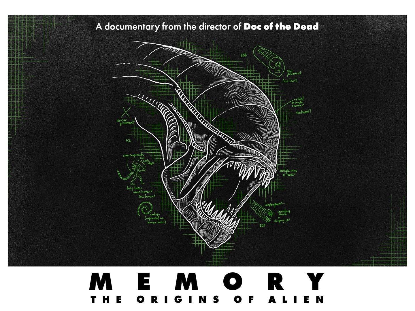 A movie poster for the documentary film, “Memory: The Origins of Alien” There is a picture of the Xenomorph monster alien with its jaws open and its teeth out.