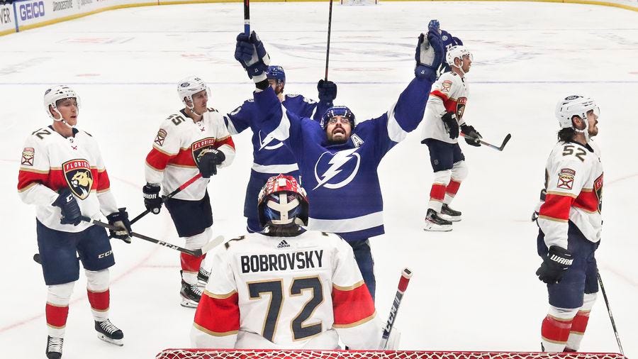 Lightning left wing Alex Killorn celebrates his goal, beating Panthers goaltender Sergei Bobrovsky to put Tampa Bay up 4-1 in Game 4 of last year's first-round playoff series.