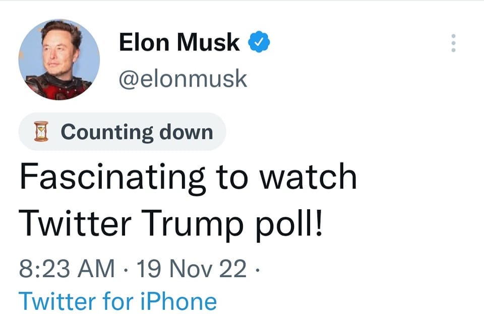 May be a Twitter screenshot of 1 person and text that says 'Elon Musk @elonmusk Counting down Fascinating to watch Twitter Trump poll! 8:23 AM 19 Nov 22. Twitter for iPhone'