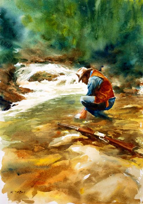 Gold Panning on Upper Sand Creek, by watercolor artist Richard DuBois -  DuBoisWatercolorExpressions.com