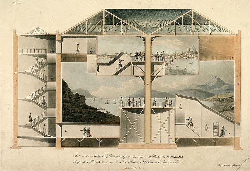 Cross-section of the rotunda in Leicester Square in which panoramas were exhibited. Aquatint by Robert Mitchell, 1801