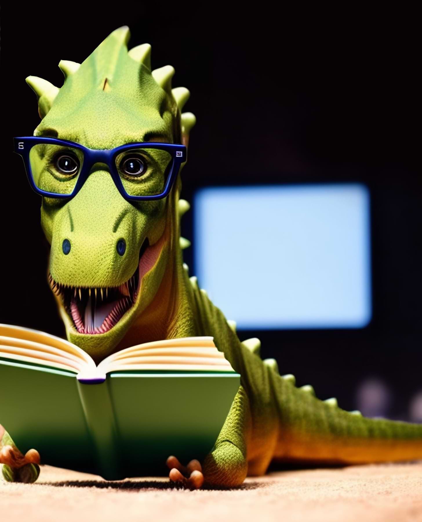 A green dinosaur wearing glasses reads a book while lying on the floor in front of a TV.
