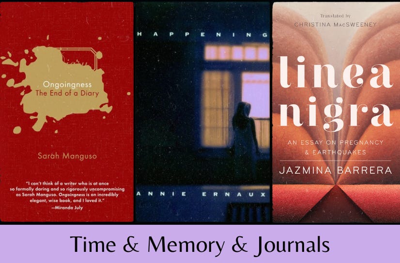 Small images of the three listed books above the text ‘Time & Memory & Journals’ on a purple background.