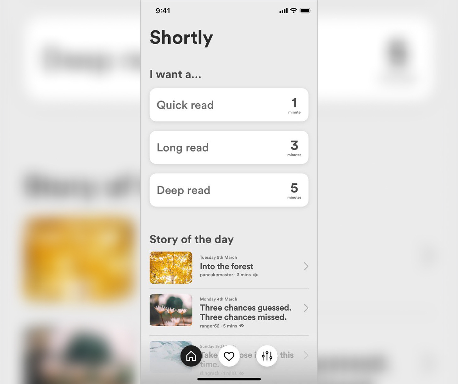 Interface of Shortly the short stories app