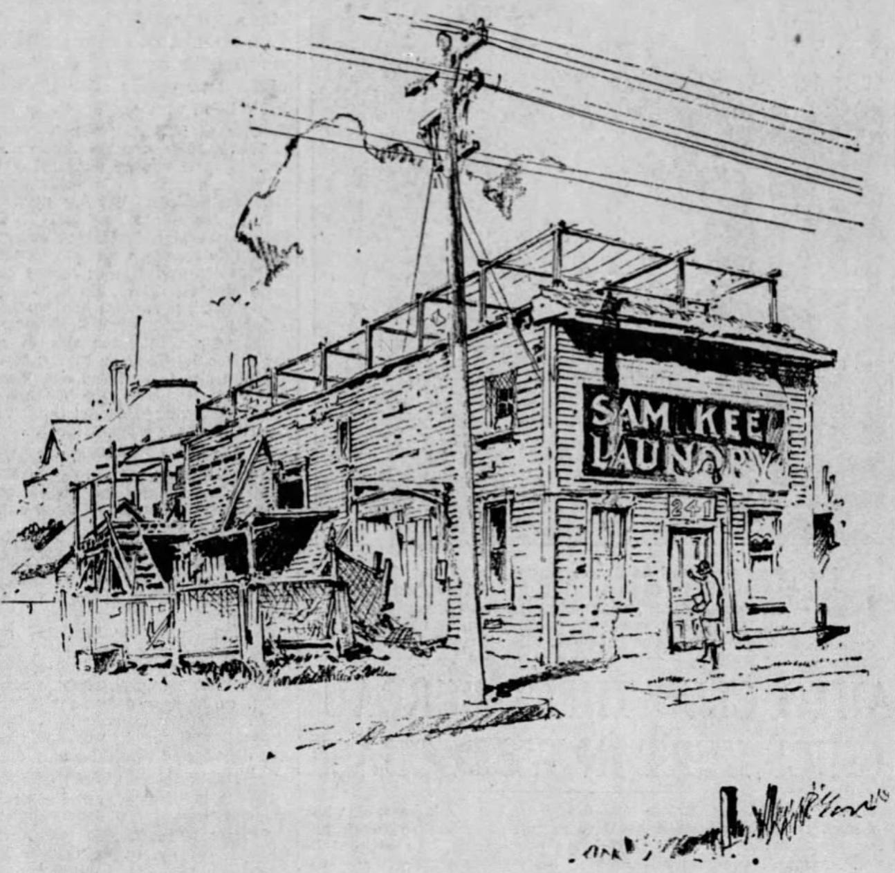 line drawing of the Sam Kee Laundry