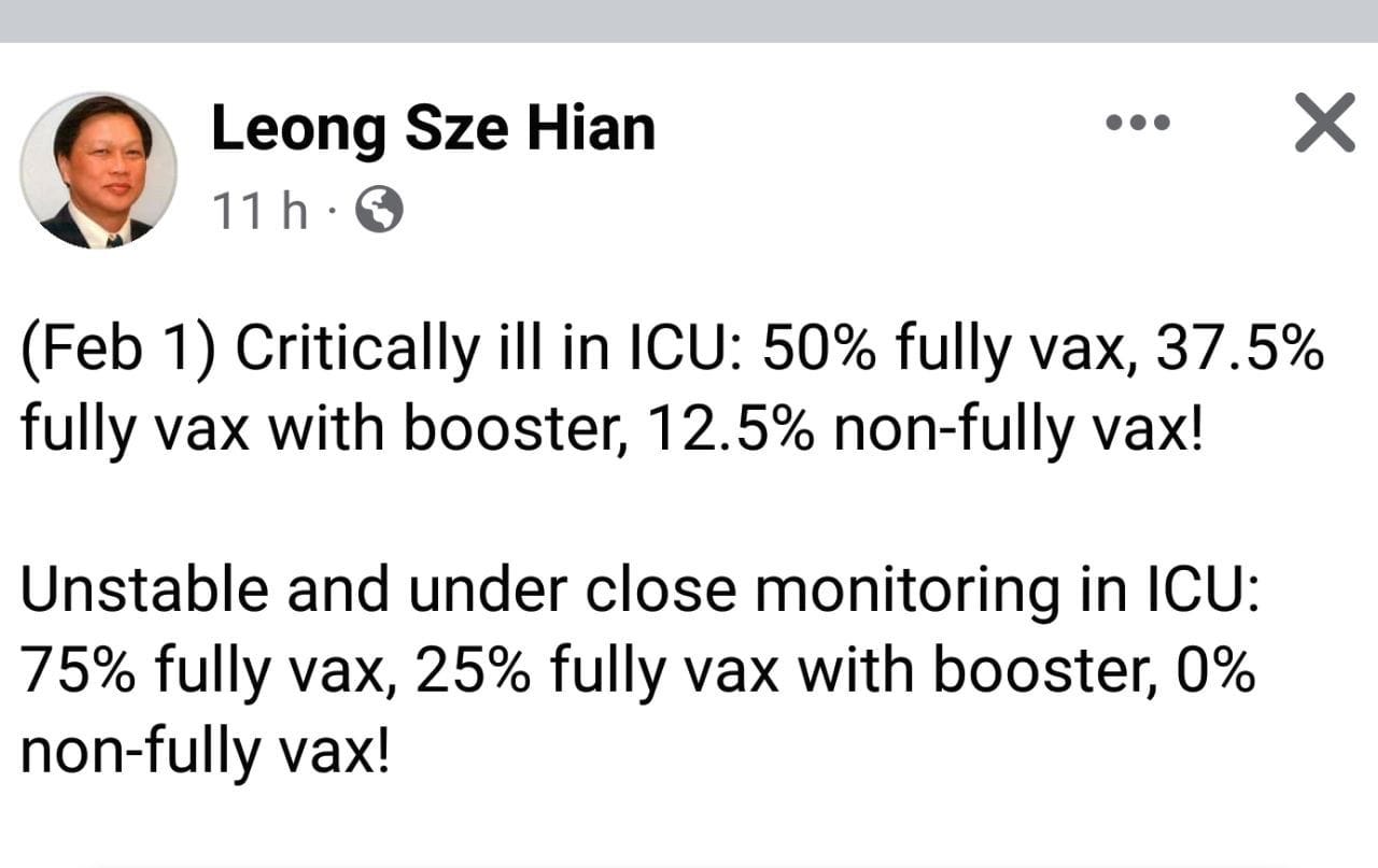 May be an image of 1 person and text that says "Leong Sze Hian 11h h X (Feb 1) Critically ill in ICU: 50% fully vax, 37.5% fully vax with booster, 12.5% non-fully vax! Unstable and under close monitoring in ICU: 75% fully vax, 25% fully vax with booster, 0% non-fully fully vax!"
