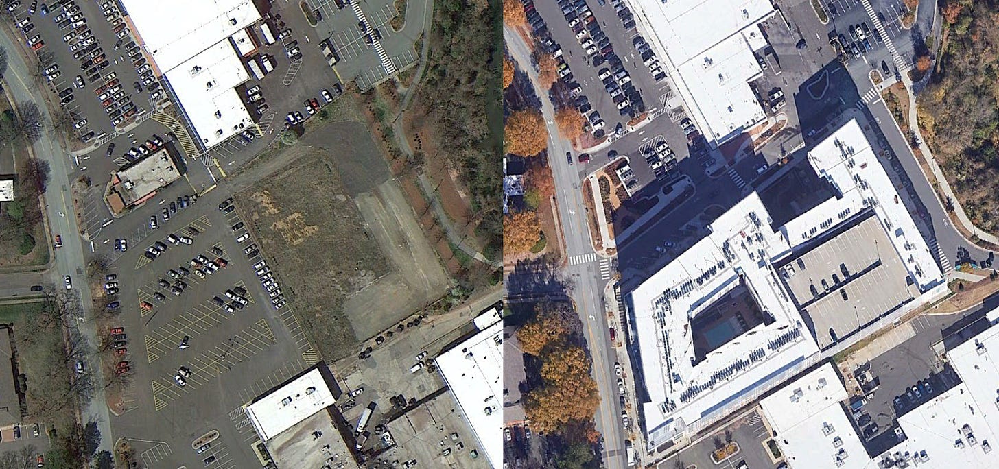 Before-and-after satellite views of the site of the Berkshire Chapel Hill apartments.