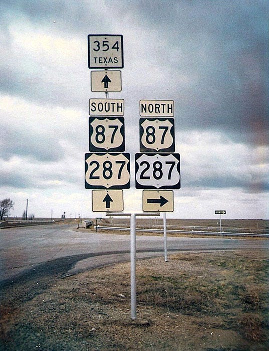 Texas - state highway 354, U. S. highway 87, and U. S. highway 287 sign.