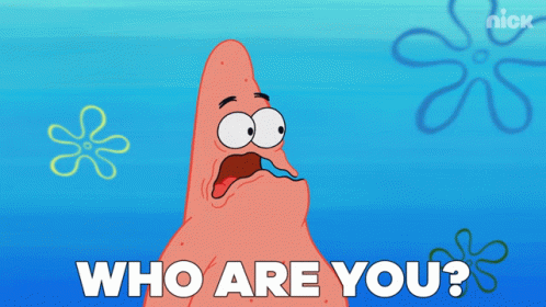 Gifje van Spongebob. Patrick vraagt: "who are you? Who am I"?