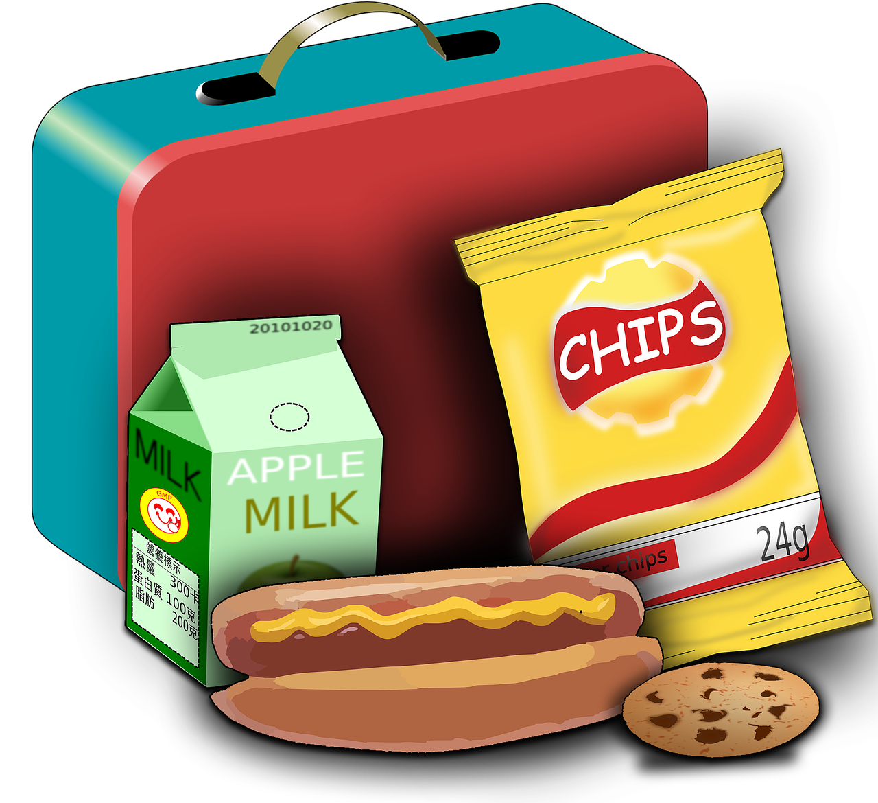 Drawing of a lunch box with a packet of chips, hotdog outside. 