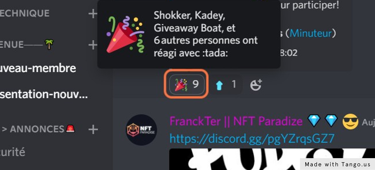 Valide ta participation en cliquant sur cet émoji 🎉 sur le bot giveaway