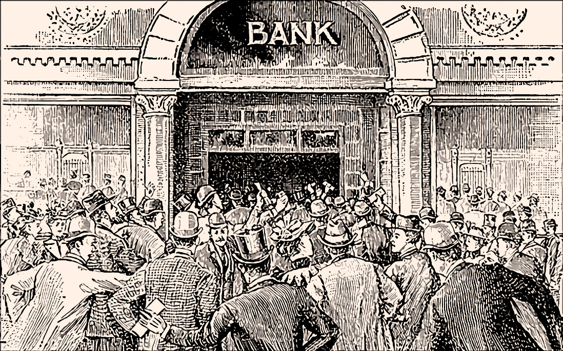 Dibujo de una corrida bancaria o pánico bancario del siglo XIX