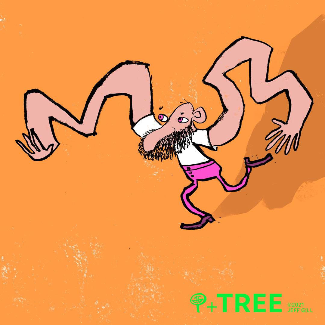Illustration of a wild-looking bearded man in a white T-shirt and pink trousers. He has many elbows in each arm. He is running.