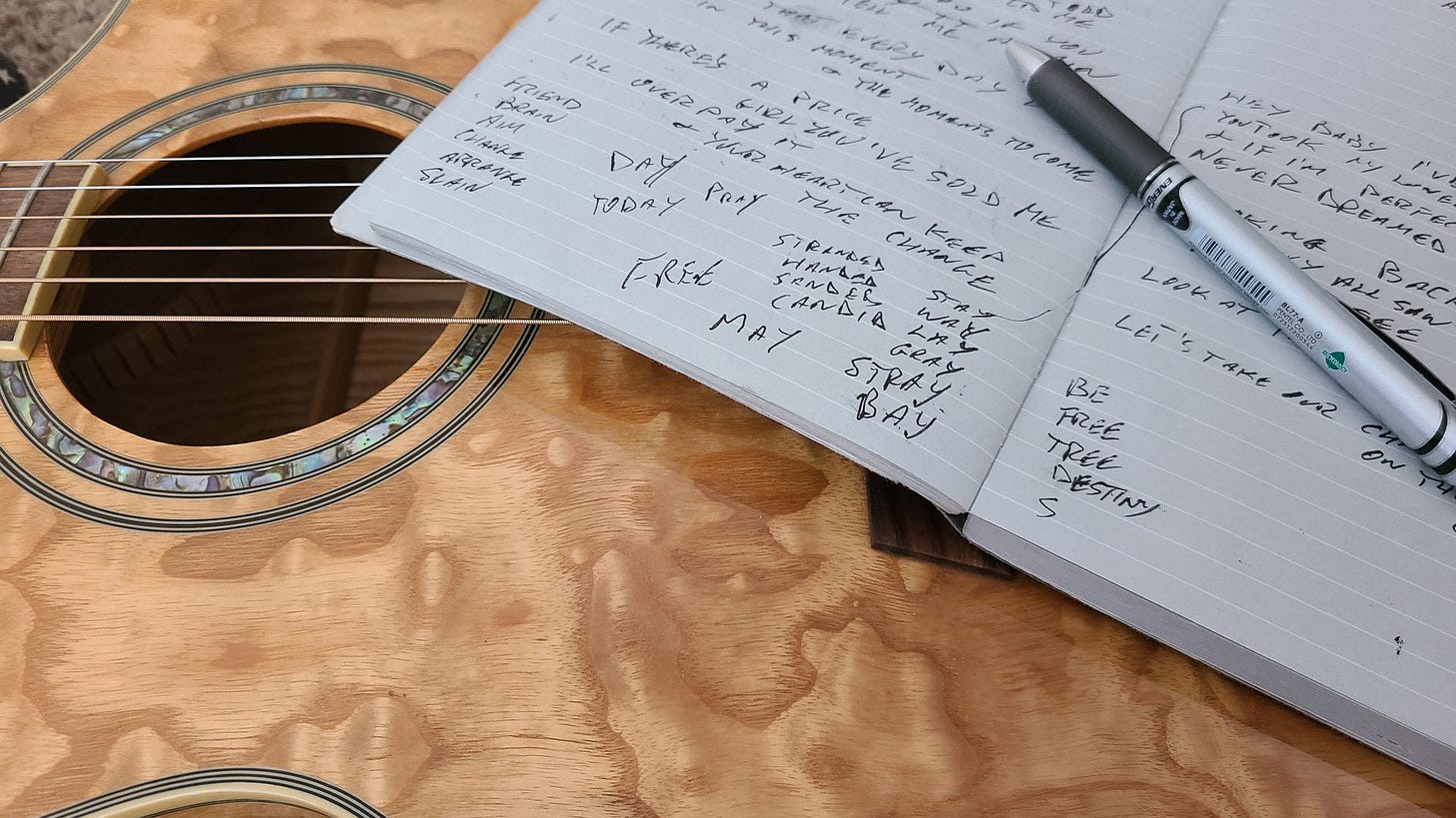 Image of songwriting journal sitting on guitar