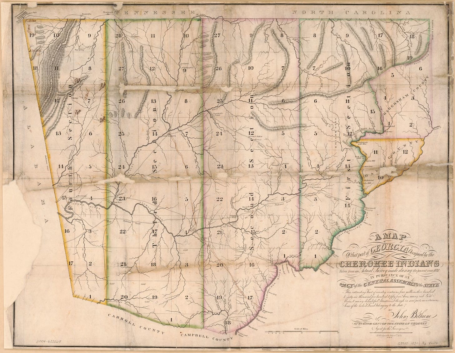 1831 Land Lottery Map published with land section numbers used to assign plots. Image below zooms in closer to show rivers as key landmarks, most of which bearing indigenous names. Published by John Bethune (1831); Library of Congress, Geography and Map Division.