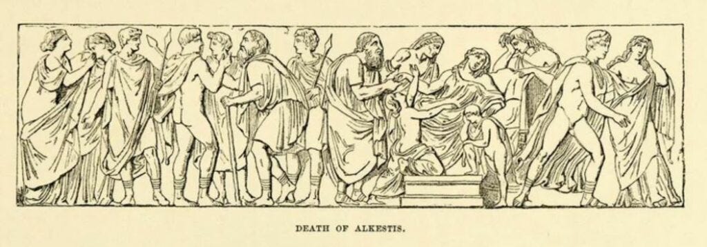 Wood engraving of the death of Alcestis