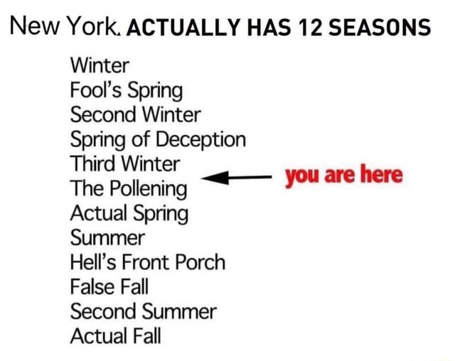 NeW York ACTUALLY HAS 12 SEASONS Winter Fool's Spring Second Winter Spring  of Deception Third Winter The Pollening Actual Spring Summer Hell's Front  Porch False Fall Second Summer Actual Fall you are