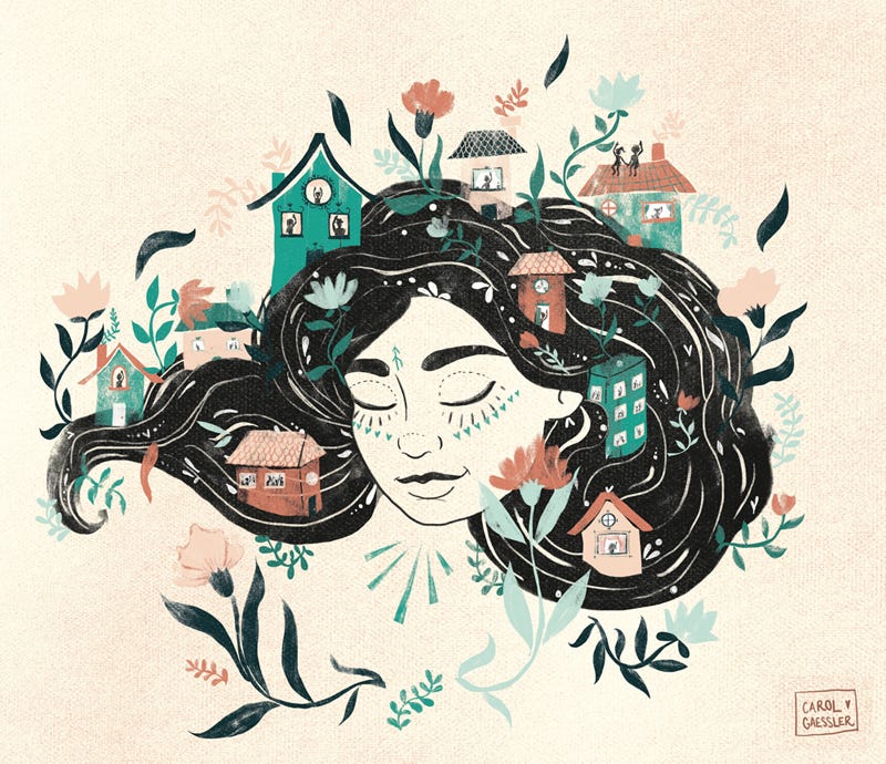 An illustration of a person with long dark hair filled with flowers and houses with people in the windows.