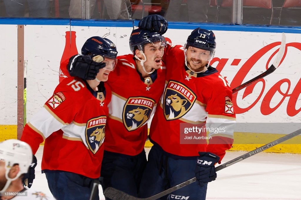Mason Marchment celebrates his third period goal with Anton Lundell... News  Photo - Getty Images