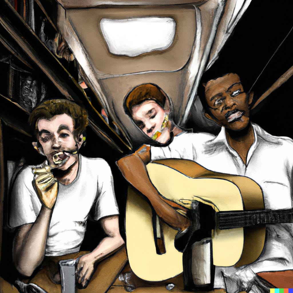 a pulp paperback cover artwork of a basement where 2 white teen boys in white tshirts play harmonica and acoustic guitar and 1 older black man plays on a steel guitar while drinking wine and smoking cigarettes in the darkness