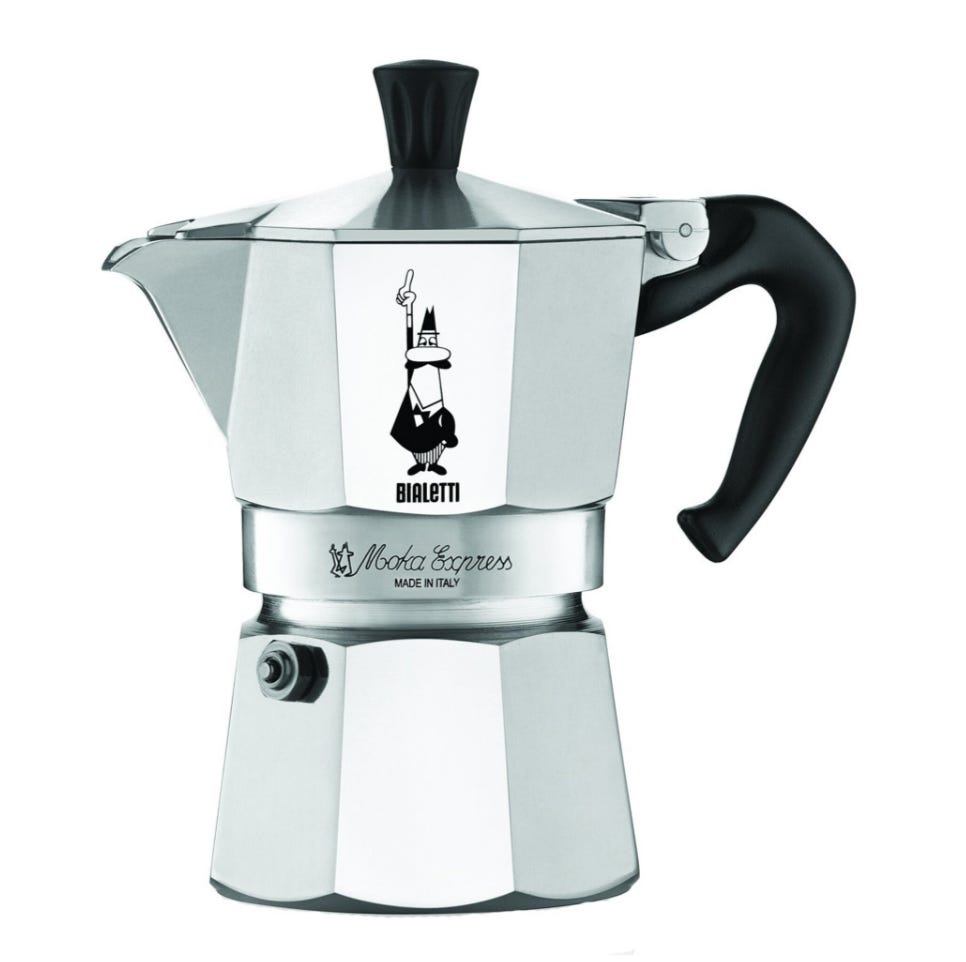 A profile of a silver Moka coffee pot brewer with a black handle.