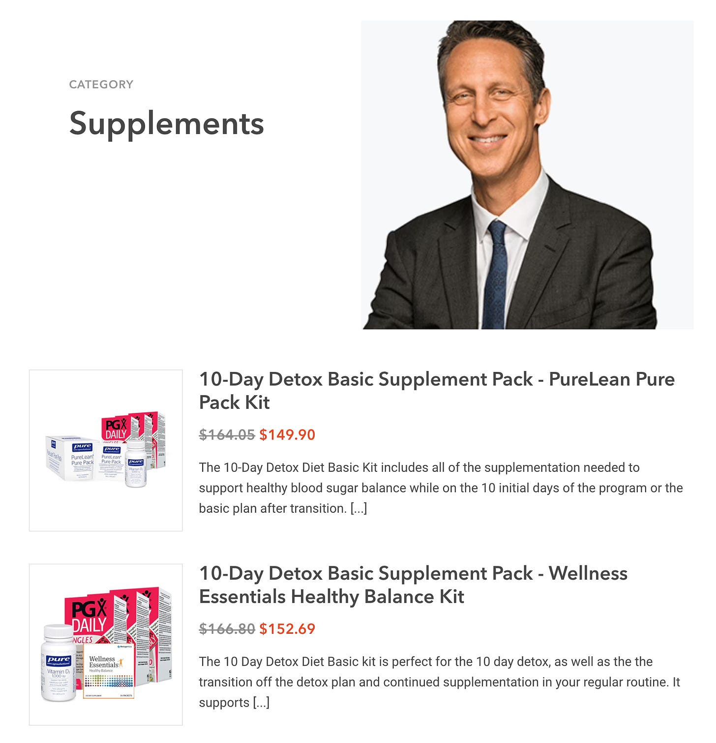 A screencap from Mark Hyman's website with his photo and some of his detox kits