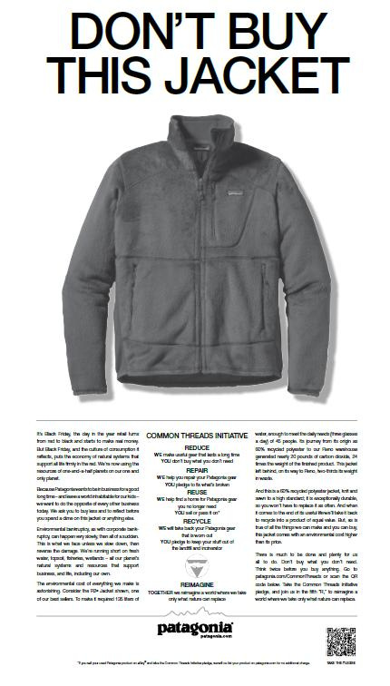 Full-page Patagonia ad in the New York Times published black friday, 2011.