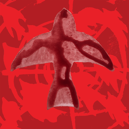 An animated loop of a red bird painted in blood on a red background with a red web. The blood dries and that bird is subsumed by the web and disappears.