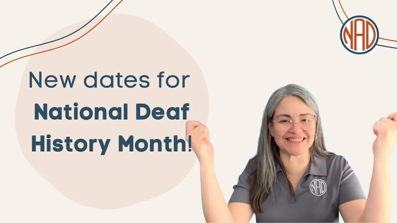 new dates for national deaf history month and woman in grey shirt