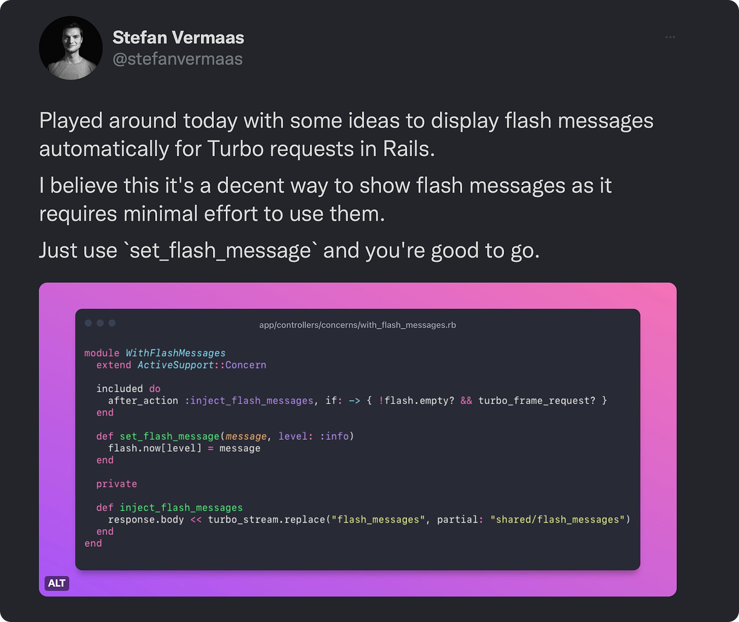 Played around today with some ideas to display flash messages automatically for Turbo requests in Rails. I believe this it's a decent way to show flash messages as it requires minimal effort to use them. Just use `set_flash_message` and you're good to go.