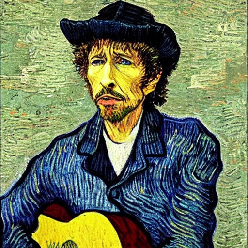Painting of Bob Dylan playing the guitar in the style of a Van Gogh painting