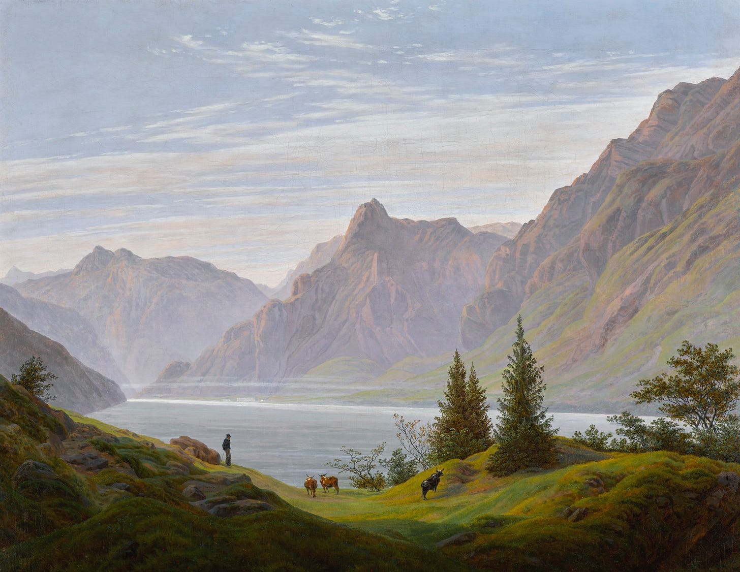 Painting of a lake in the middle of a mountain range, with the morning light brightening the scene. Three steer - two brown and one black - gather near the edge as their handler stands by, contemplatively.