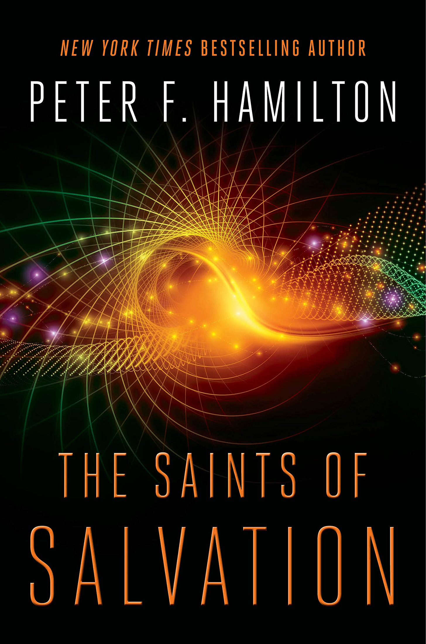 Book cover of Peter F. Hamilton's Saints of Salvation, which features an orange geometric shape against a black background. 