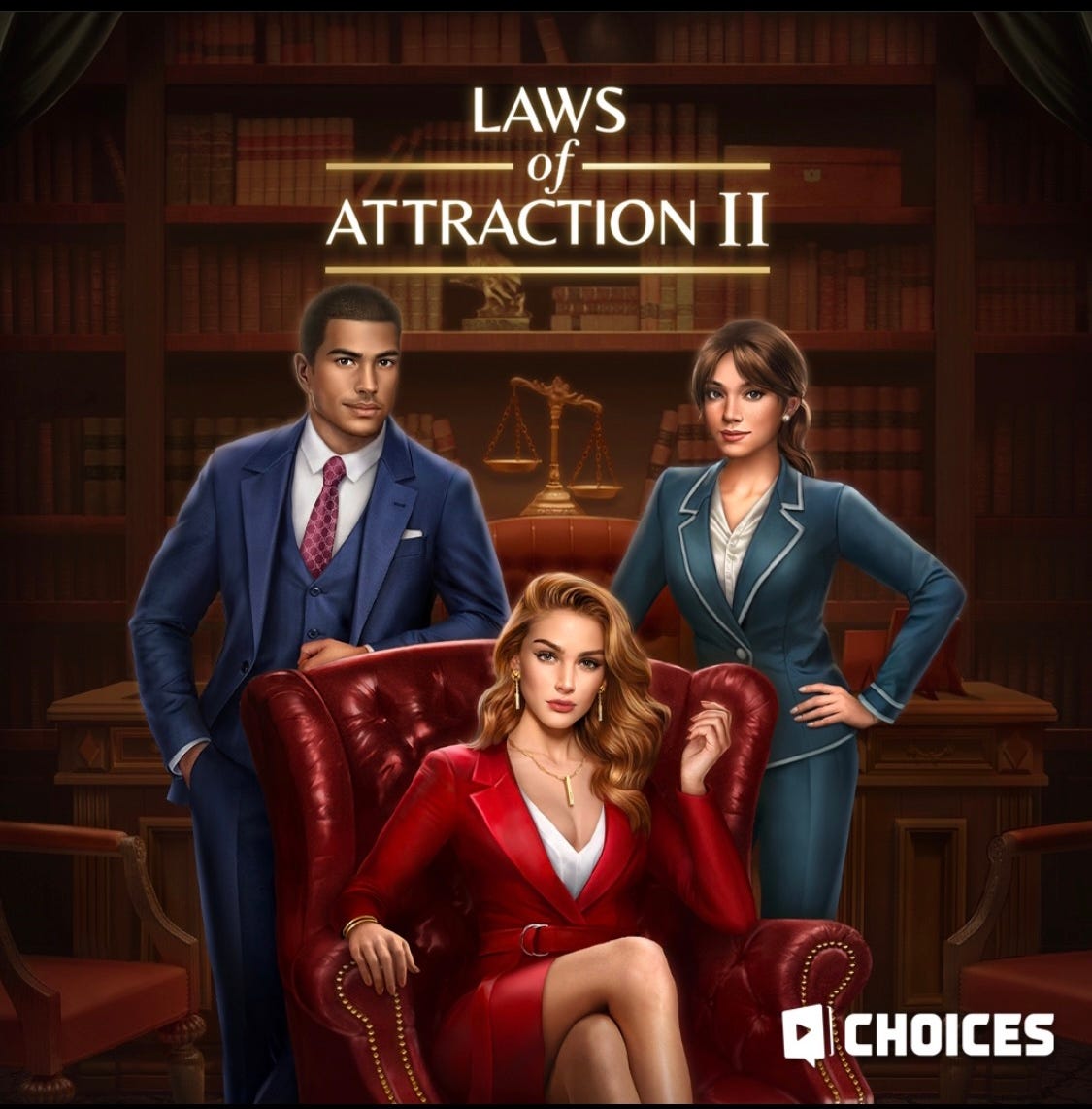 Three lawyers, one male, two female, in sharp suits sit in a dramatic pose beneath the title 'Laws of Attraction 2.'