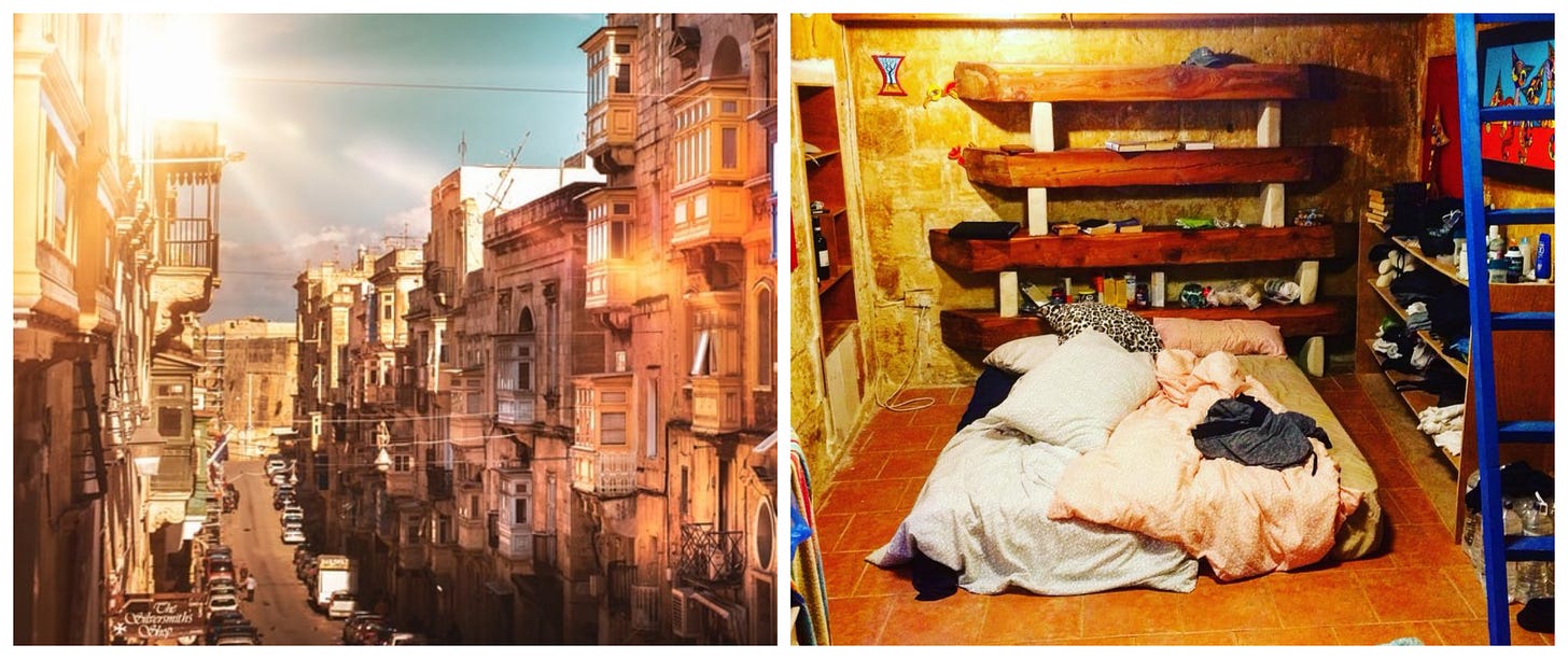 A picture of Valletta on the left with the sun shining brightly. The photo on the right shows our bad room in Birgu, Malta. There is a mattress on the floor, a couple of shelves, and a ladder leading to a loft. 
