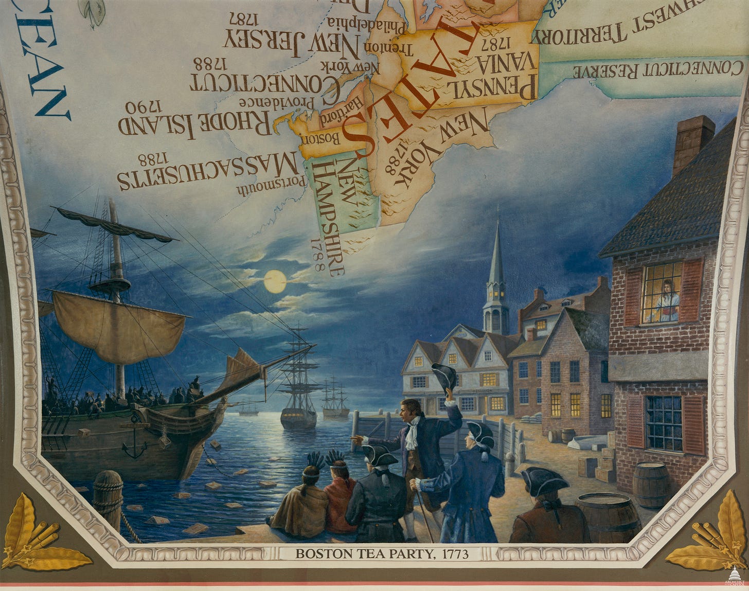 Architect of the Capitol painting: "Boston Harbor appears in a moonlit scene, with people dressed as Native Americans throwing crates of tea from a boat; this famous event led to the Revolutionary War."