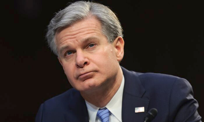 FBI Director Christopher Wray testifies before the Senate Intelligence Committee in Washington on March 10, 2022. (Kevin Dietsch/Getty Images)