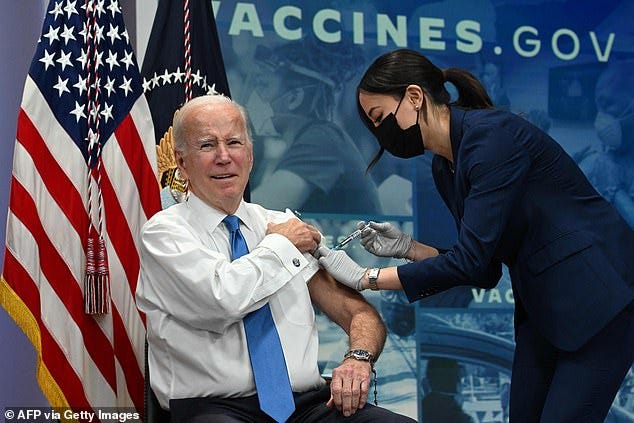 The White House is offering Americans $20 discounts on their groceries for getting the bivalent booster, as uptake languishes. President Joe Biden (pictured above getting his fifth Covid shot, the bivalent booster, last month) urged Americans to 'get the shot'