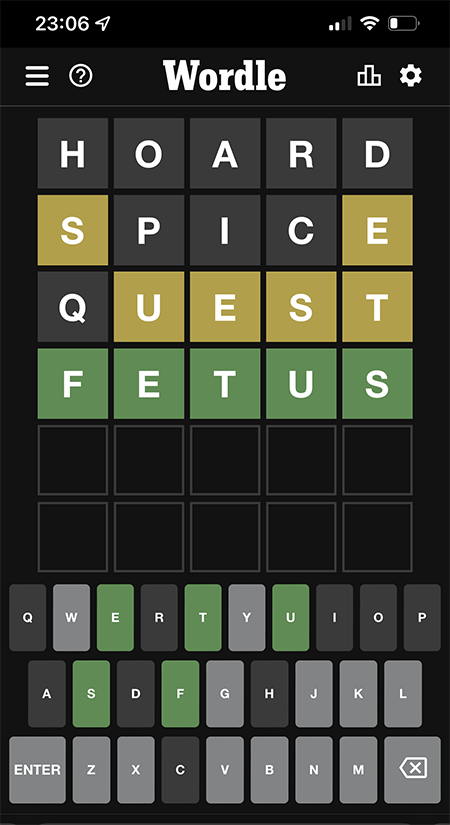 A screenshot of a completed Wordle game board where the answer is “FETUS"