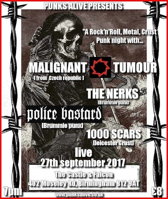 Malignant Tumour, The Nerks, Police Bastard, and 1000 SCARS at Castle & Falcon, Birmingham Wed 27th September 2017