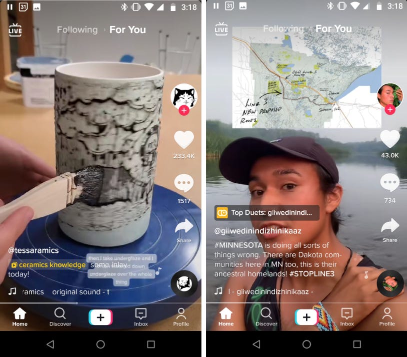 Two TikTok screenshots side-by-side: on the left, a ceramics video, on the right a man in a canoe talking about #STOPLINE3
