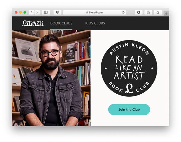 photo of Austin Kleon and the read like an artist book club logo