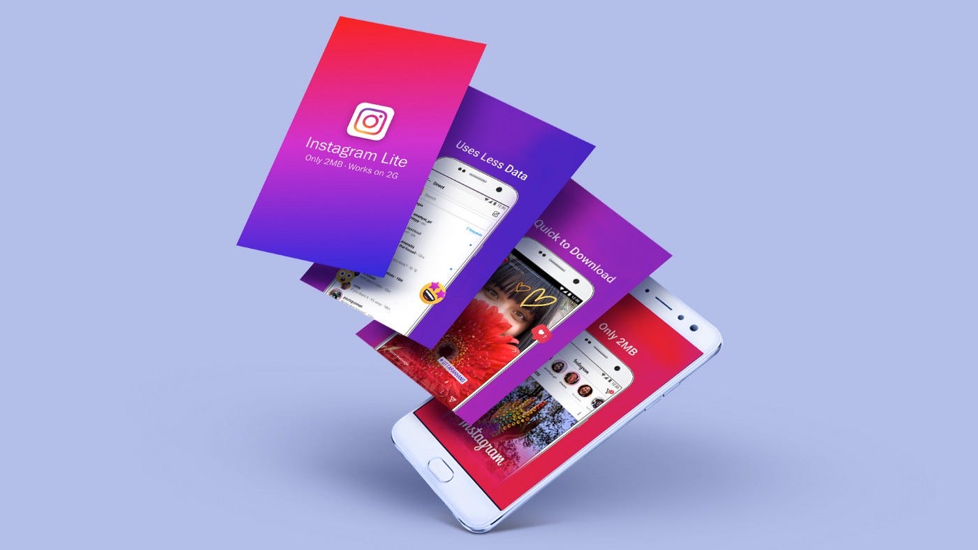 A mobile device screen shows Instagram Lite while other screens appear to fan out from the device, also touting Instagram Lite features