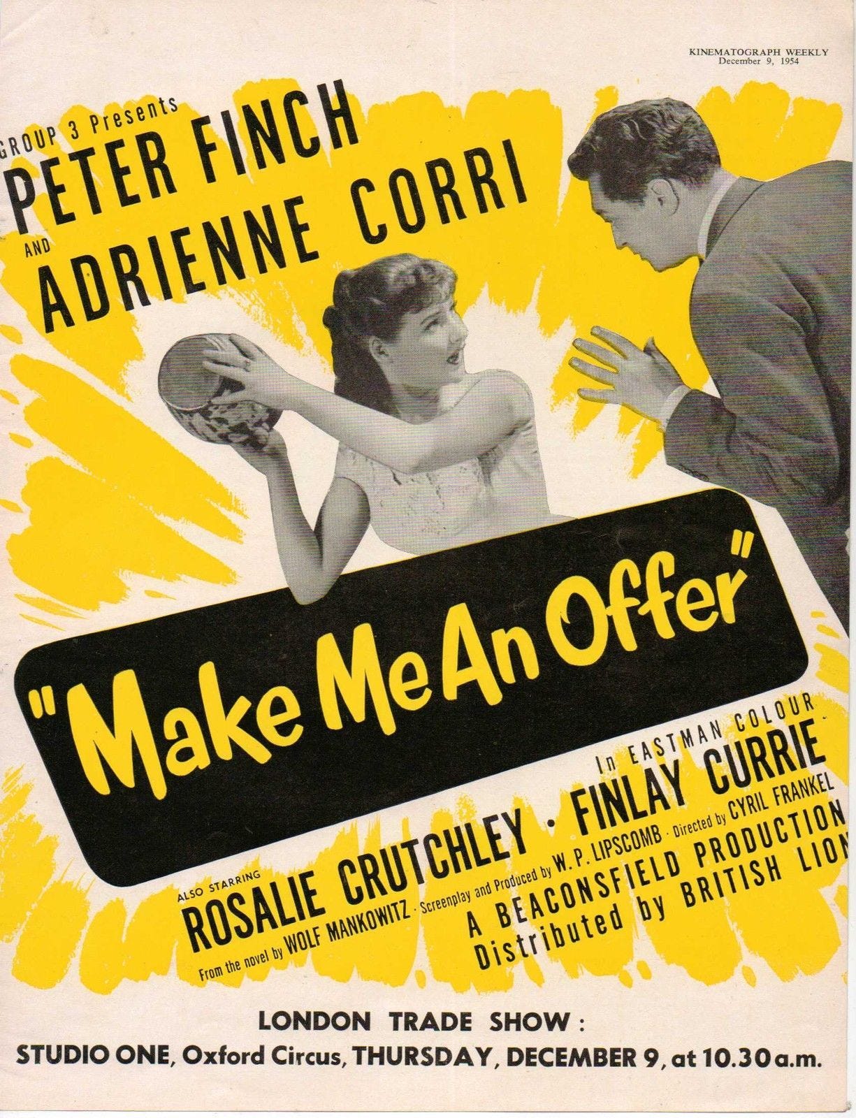 Trade ad in Kinematograph Weekly for Adrienne Corri and Peter Finch  starring in Make Me An Offer. 1954 | Old movie posters, Irish movies, Peter  finch