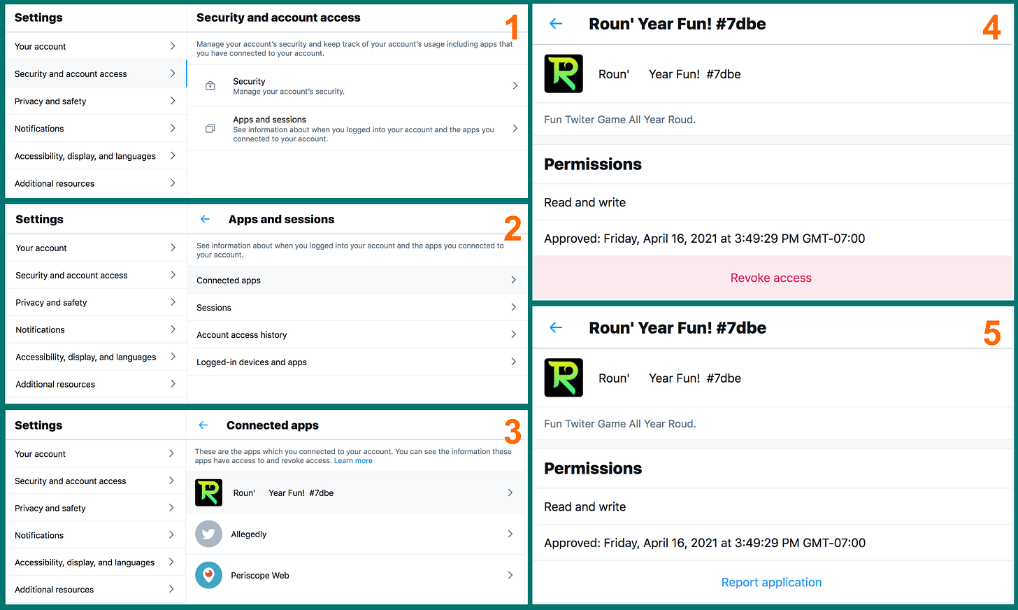 collage of screenshots showing the process of revoking Round Year Fun's access